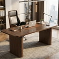 thumbnail image 4 of 62" Modern Walnut Dining Table for 6-8 – Large Tabletop with Heavy Duty Double Pedestal Legs – Grille Design – Perfect for Home, Office, Conference – Color: Dark Walnut, 4 of 7