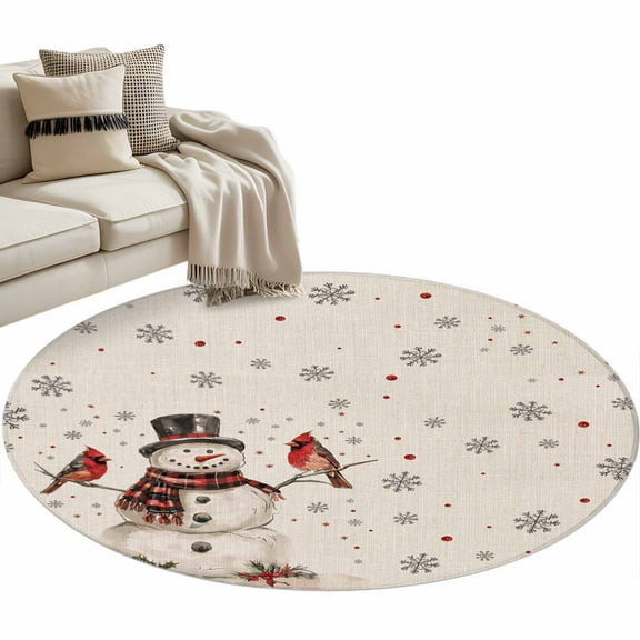 Christmas Round Area Rug 4 FT, Non Slip Indoor Outdoor Rug, Snowman Snowflake Red Xmas Birds Rustic Washable Soft Circular Carpet Non-Shedding Floor Mat for Coffee Table Nursery Foyer Balcony
