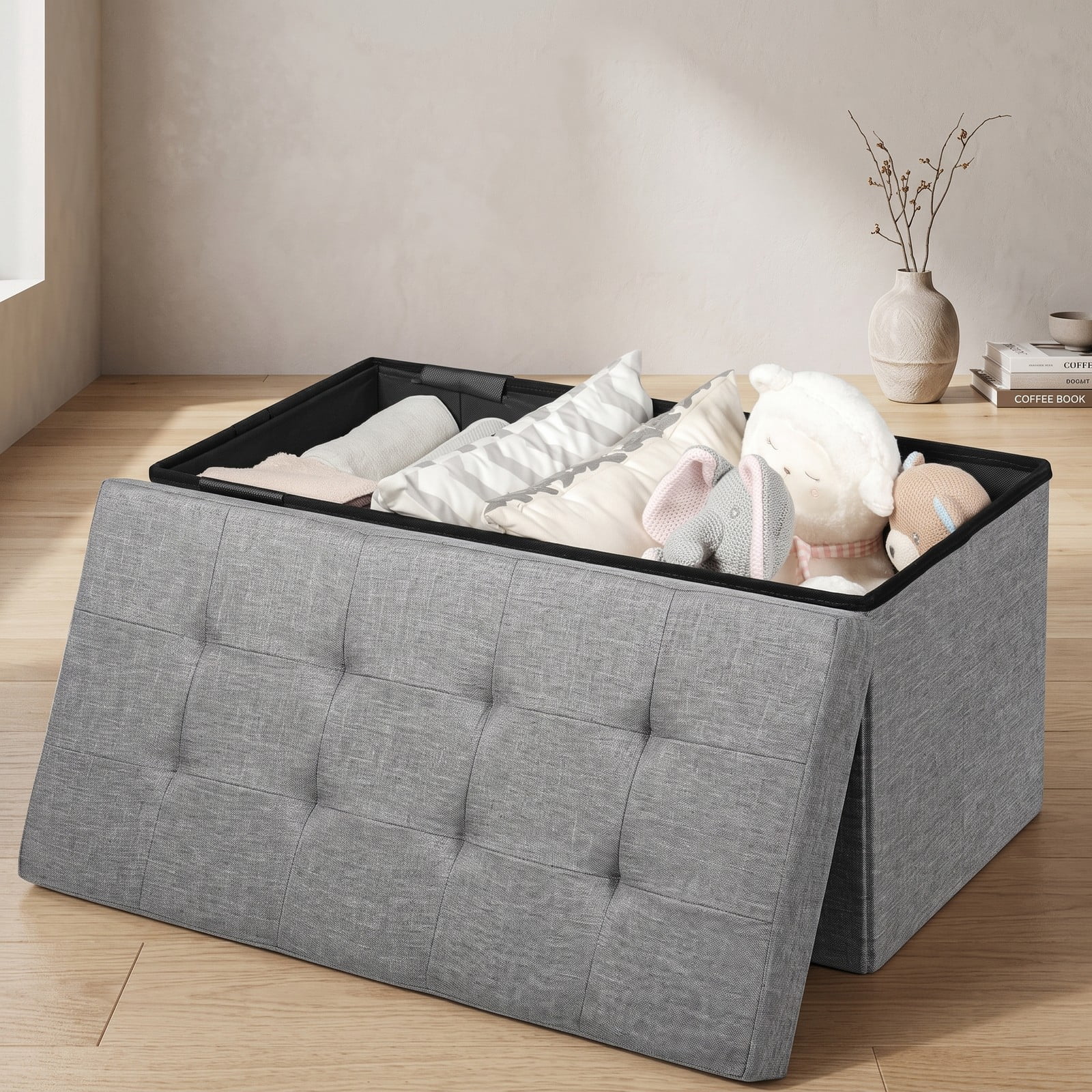 Furnibear 31.5 Inch Foldable Fabric Storage Bench Ottoman with Padded Seat and Removable Hanging Bin for Entryway, Light Gray