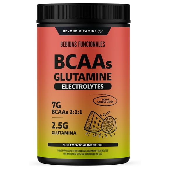 Beyond Vitamins BCAA + Glutamina + Electrolitos | 7g Aminoácidos BCAA 2:1:1 + 2.5g L-Glutamina en Polvo | Con Magnesio, Potasio, Calcio y Vitamina B6 | Sabor Sandía-Limón | 30 Servicios