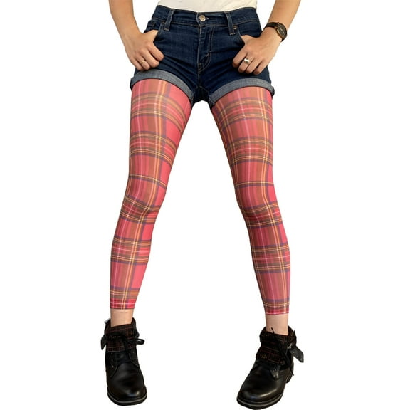 Red Plaid Opaque Patterned Footless Tights for Women Malka Chic