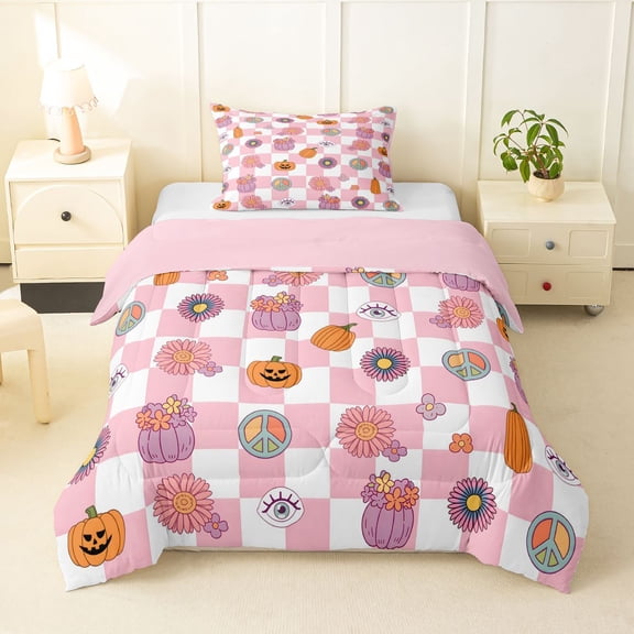 Feelyou Boho Pumpkin Daisy Twin Comforter Sets, Hippie Buffalo Plaid Bedding Set, Pink Reversible, 2-Piece, 1 Comforter and 2 Pillowcases