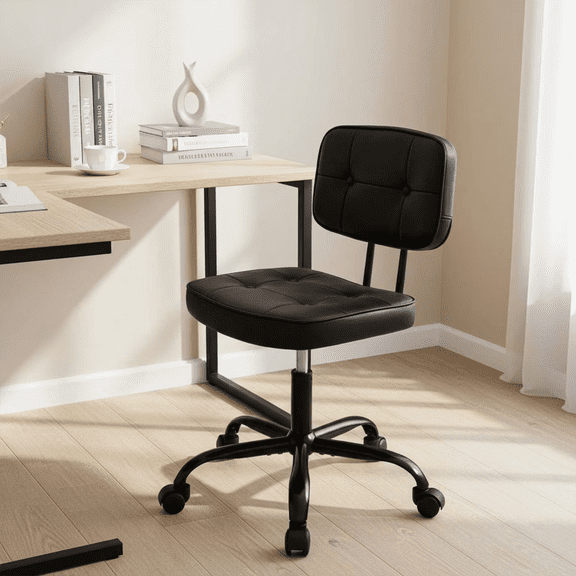 Black Ergonomic Armless PU Leather Office Chair, Thickened Cushion Rolling Desk Chair for Dorms Home Office Small Spaces