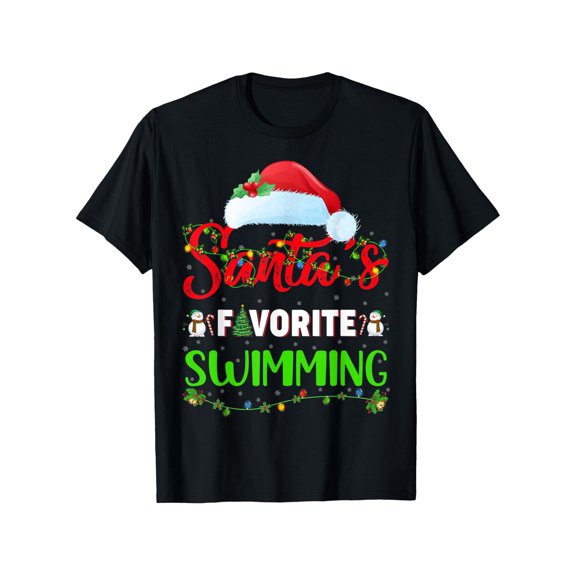 Santas Favorite Swimming Christmas TShirt with Santa Hat Snowmen and Christmas Lights Black Adult Unisex Tee