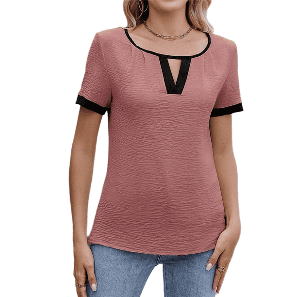 Blusas Informales Elegantes para Mujer, Blusas de Trabajo Informales de Negocios, Camisas de Corta con Cuello en V y Bloques de Color, Verano 2025 Rosa L