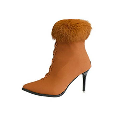 

Harsuny Womens Winter Boot Casual Fashion Booties Mid Calf Ankle Boots Party High Heel Zip Up Short Bootie Comfort Shoes Fuzzy Brown 5.5