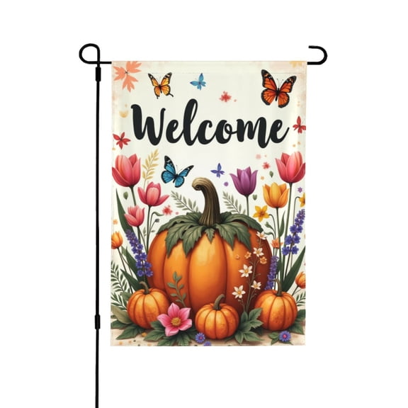 Welcome Autumn Garden Flag 12x18 Inch Double Sided Pumpkin Flowers Butterfly Fall Seasonal Yard House Flag Outdoor Decoration