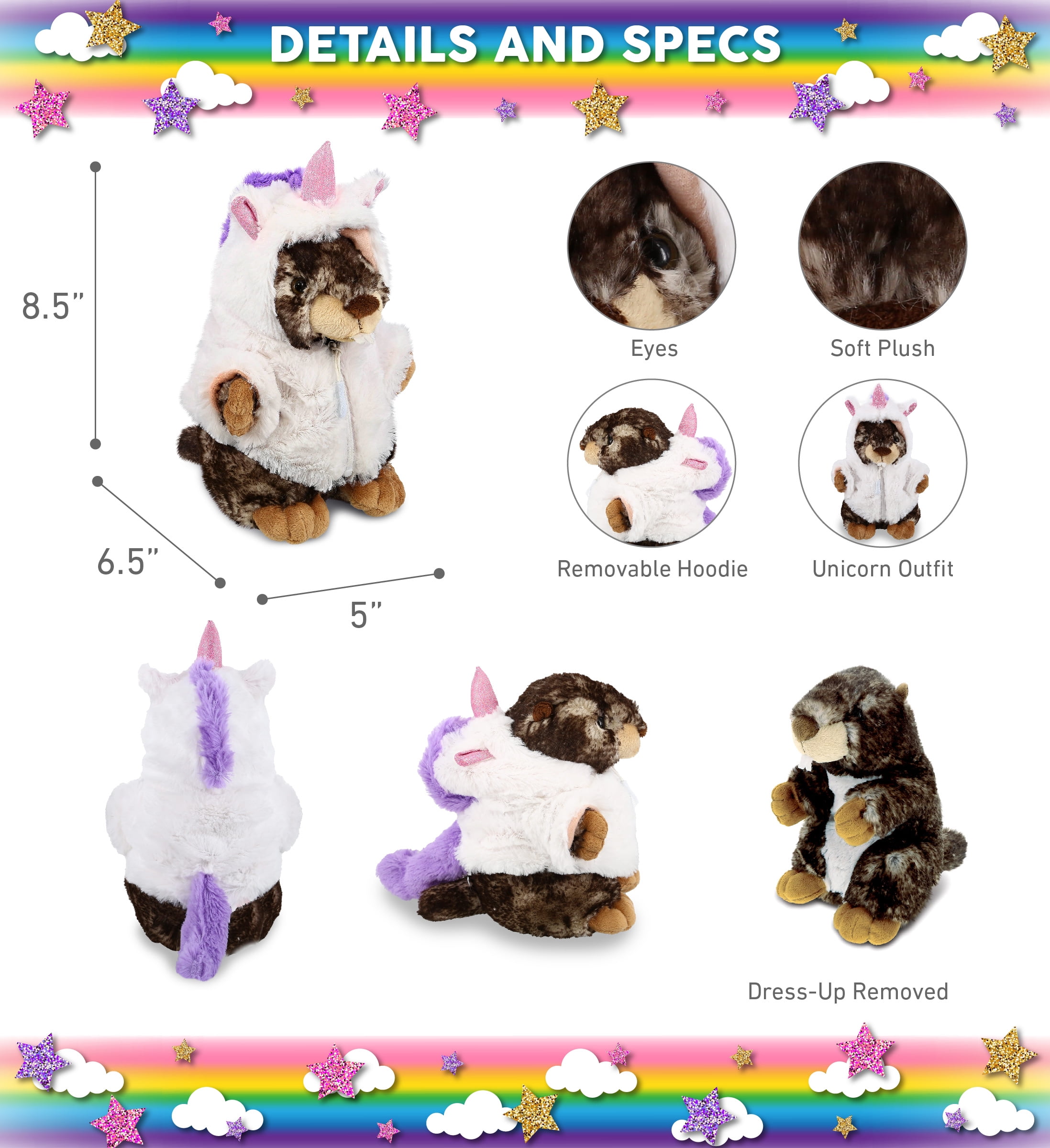 DolliBu Standing Marmot Unicorn Plush Stuffed Animal Toy - Super Soft Squirrel Unicorn Dress Up with Removable Unicorn Plush Outfit, Cute Fantasy Gift - 8.5 Inches