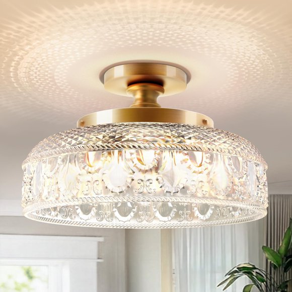 Lamomo Semi Flush Mount Ceiling Light, Upgraded Larger Golden Hallway Light Fixture, 3-Bulb Globe Glass Close to Ceiling Scone,Indoor Hanging Light f