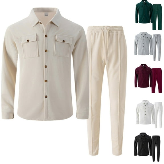 Zylanna Men's Cargo Outfit Sets, Long Sleeve 2 Piece Elastic Waist Turndown Collar Cargo Shirt   Pants Sets for Men Khaki