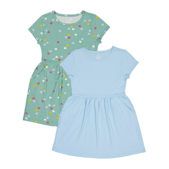 Wonder Nation Girls 2-Pack Short Sleeve Play Dress, Sizes 4-18 & Plus