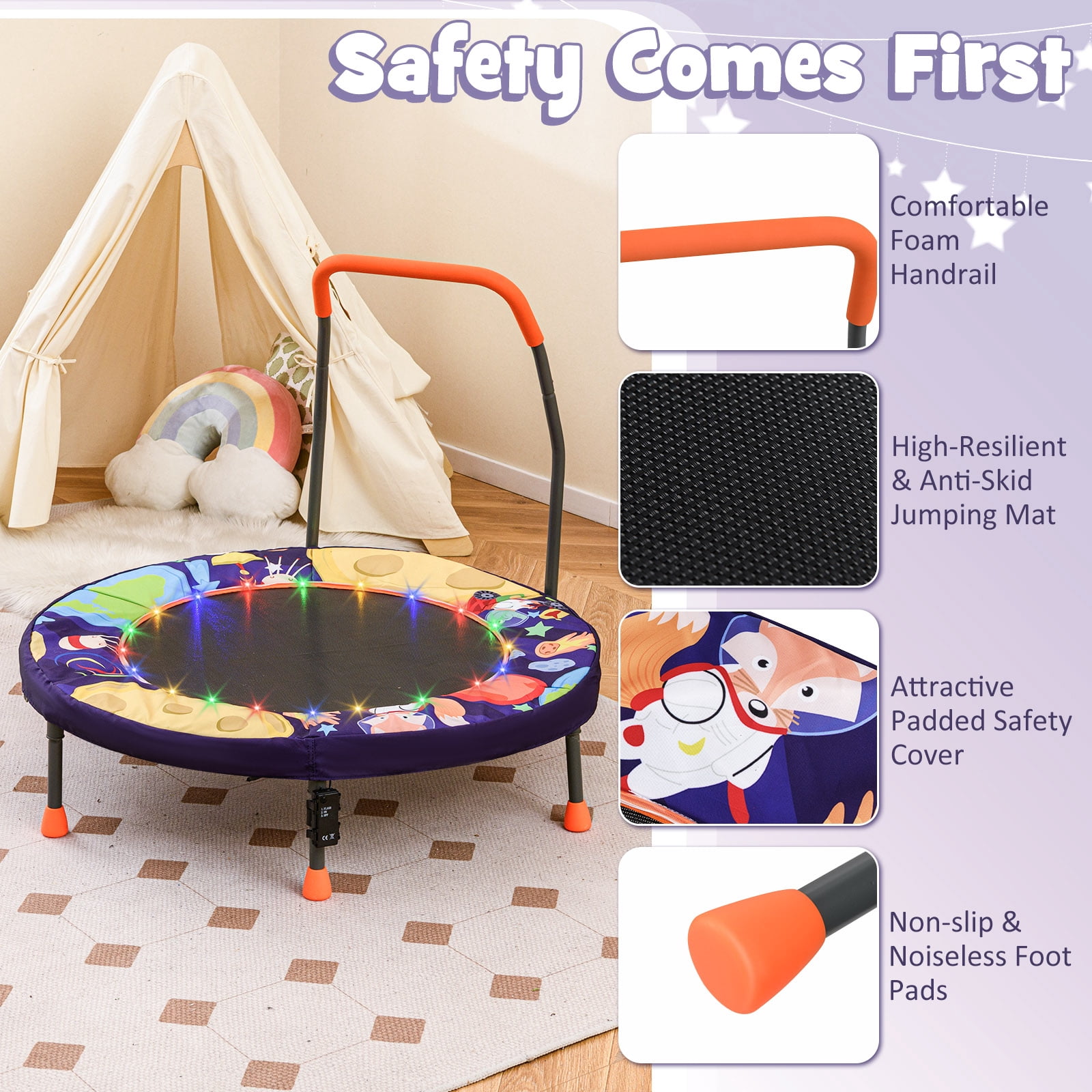 Gymax 36'' Foldable Kid Trampoline w/ 20 LED Lights Foam Handlebar Padded Safety Cover Purple