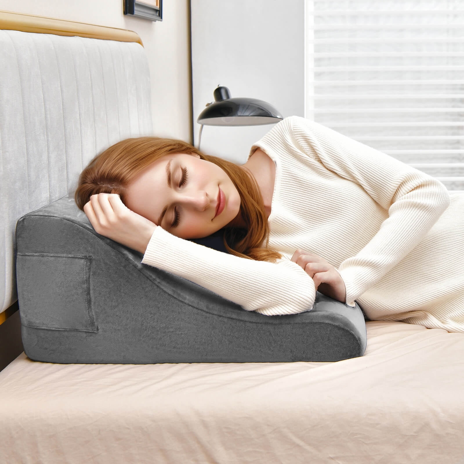 Costway Bed Wedge Pillow with Smooth Zipper Side Pockets Support for Back Grey
