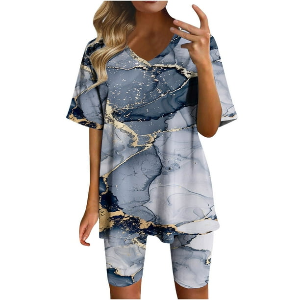 Blusas para las Mujeres Casual, Cuello en V de Manga Corta Impresa Superior Y Suelto Pantalones Cortos, Conjuntos de Moda de Verano