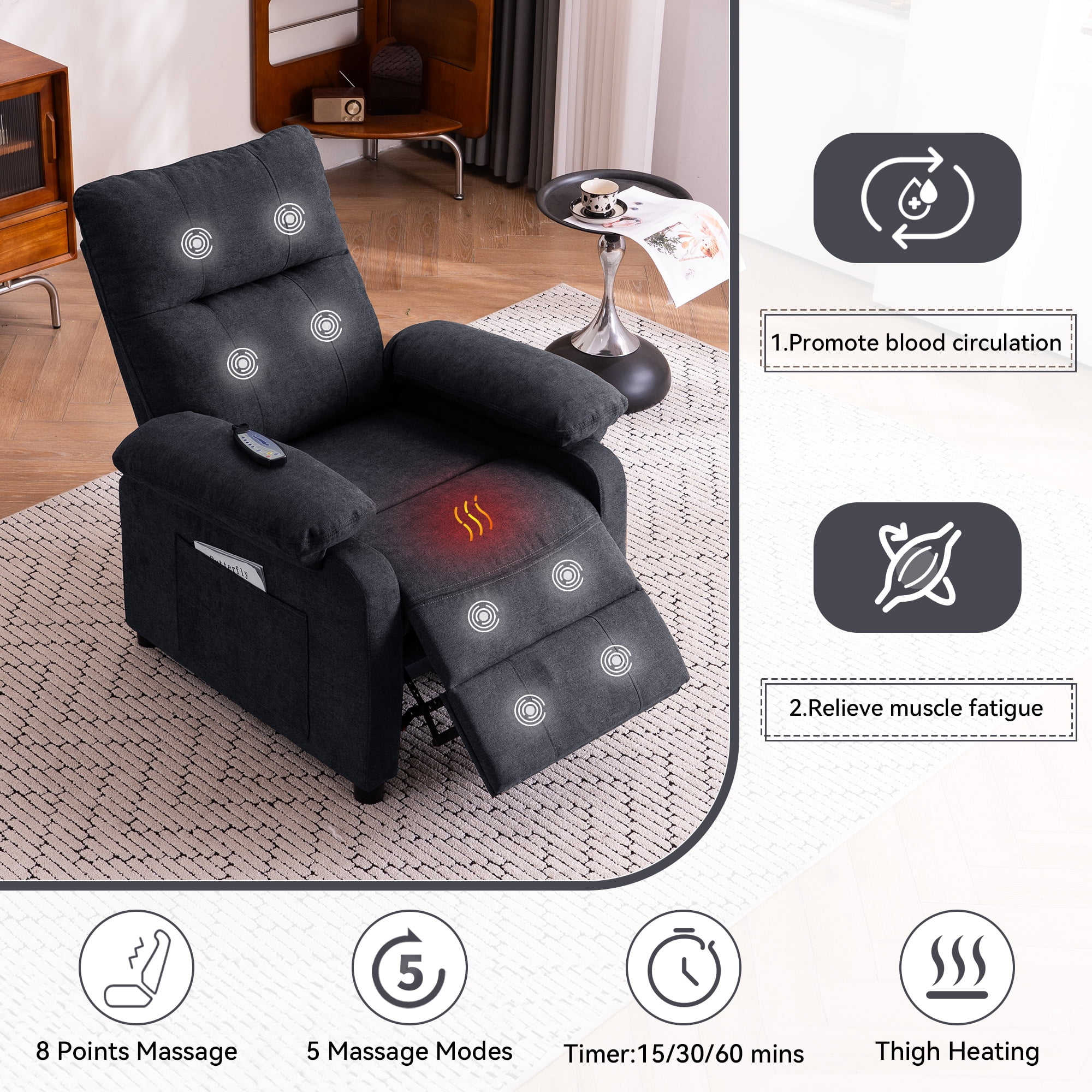 NEW 160°Recliner Chair for Elderly -Manual Push Back Reclining Chair with 8-Point Massage & Heating, Remote Control, Side Storage Pockets for Living Room, Bedroom, Black
