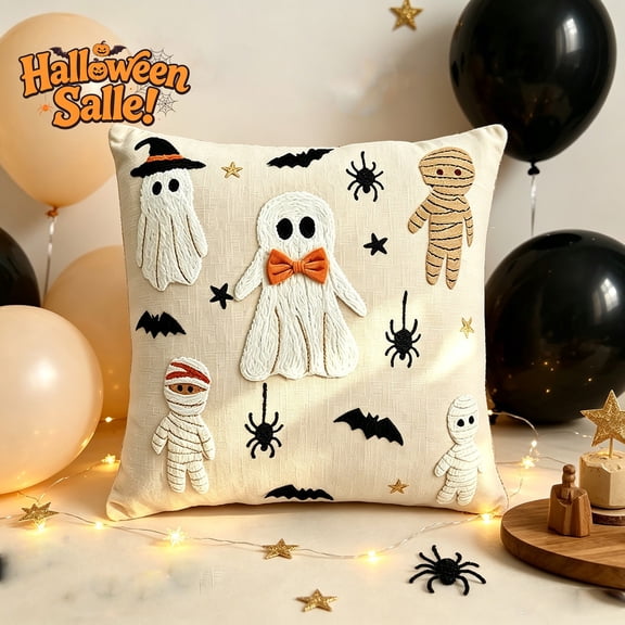 Halloween Throw Pillow Covers 18x18 inch, Beige Linen Soft Plush Cushion Cases with Black Bat Ghost Mummy Spider Pattern, Removable Square Pillowcase for Couch, Bedroom & Living Room