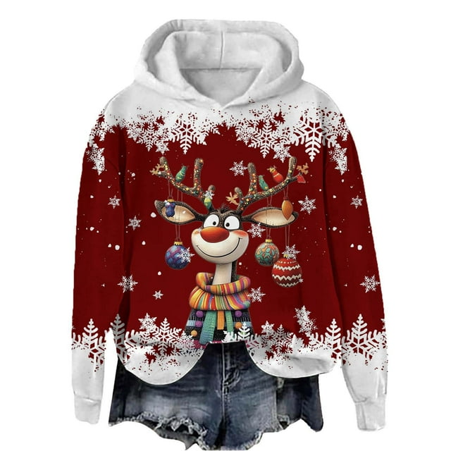 VJATTWR Mes Articles Chandail de Noël Femmes Dames Décontracté Grande Tête Cerf Flocon de Neige Imprimé de Noël Col Rond Manches Longues à Capuche Léger Haut à Capuche Livraison Rapide