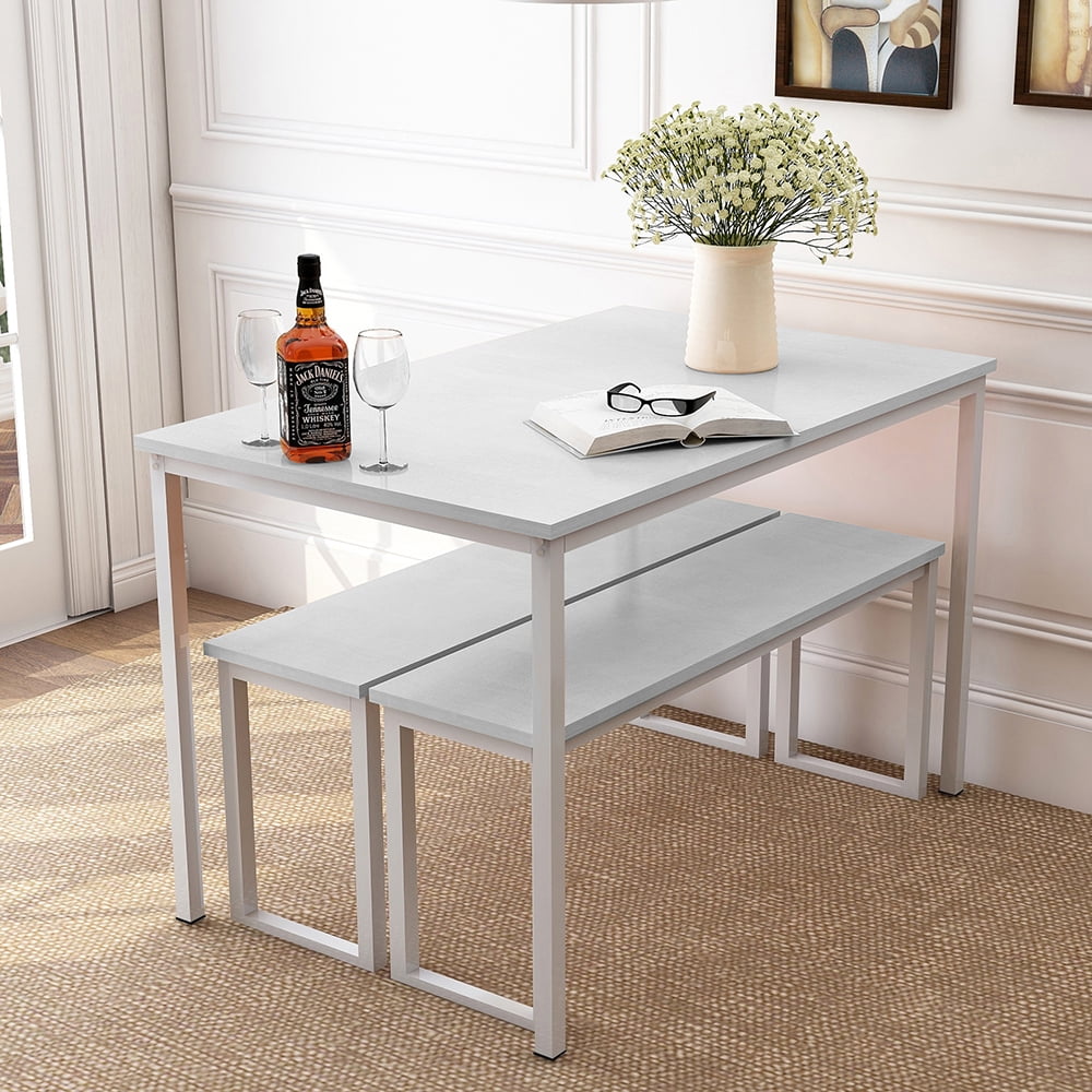 Kepooman 3-Piece Dining Set with 2 Benches, White