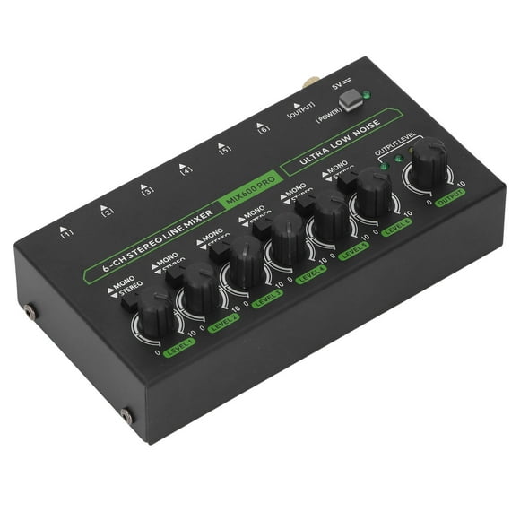 6 Channel Mixer, DJ Audio Mixer with RGB Light, 1/4 TRS TS Low Noise Stereo Mono Switching Line Controller Sound Mixer for Studio, DC 5V Power, 6.35mm Interface