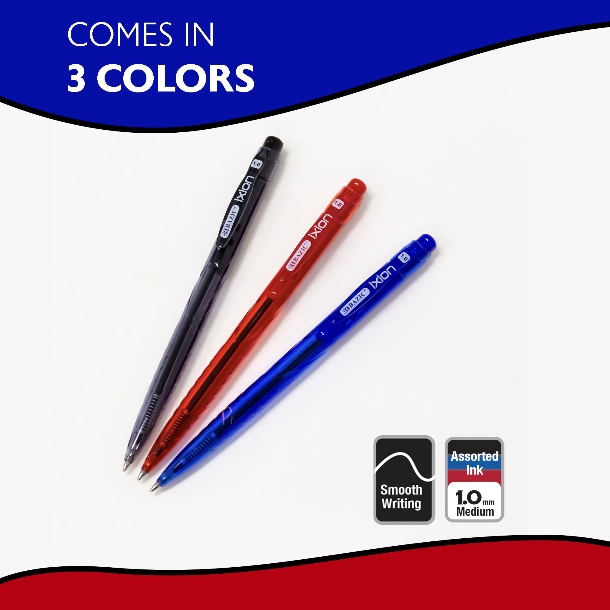 BAZIC Ixion Assorted Color Retractable Ballpoint Pens, 1.0mm (5/Pack), 24-Pack