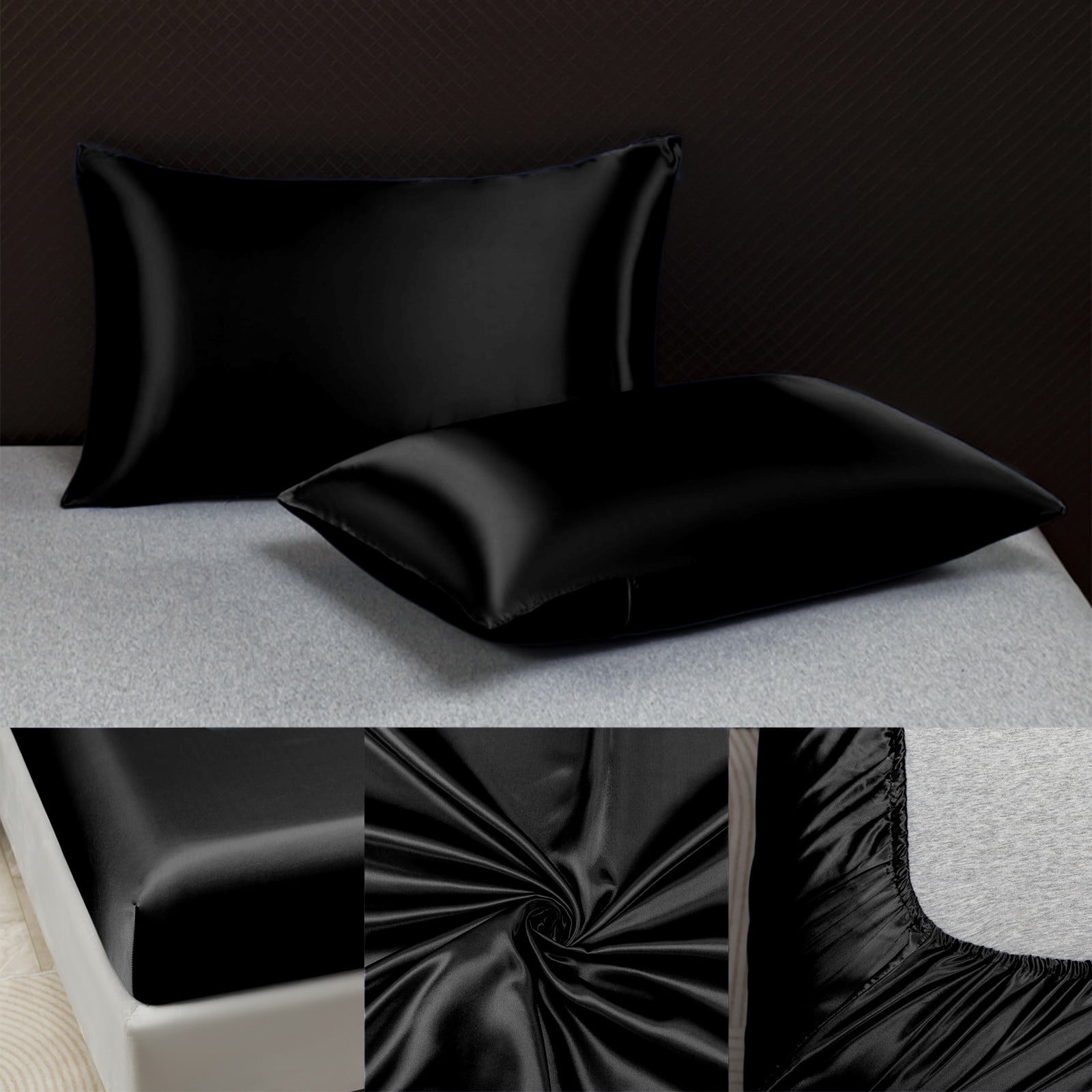 Soft Satin Hotel Silk Bed Sheets, Solid Black Polyester Pillowcase Set, Modern Bedroom Decor Enhancement, Luxury Home Bedding Solution for Restful Sleep, AESTIVO