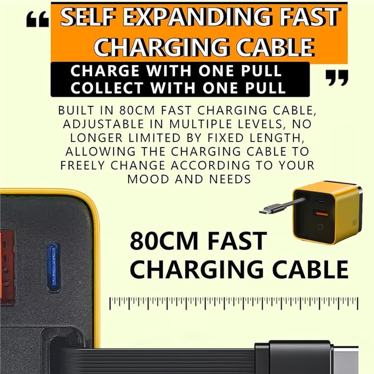 3 in 1 Charger, 80 Watt All in One Chargers, Scalable 80w Max Fast Charger Module with Type C Cable and 2 USB Ports, Retractable Phone Charger Wall Plug for Smartphones (Yellow)
