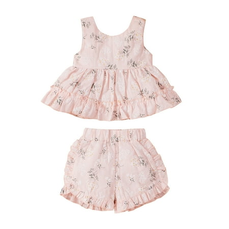 

QWERTYU Infant Baby Toddler Child Girl Boy 2PCS Outfit Clothing Set Summer Sleeveless Floral Tank Top and Shorts Set Ruffle Pink