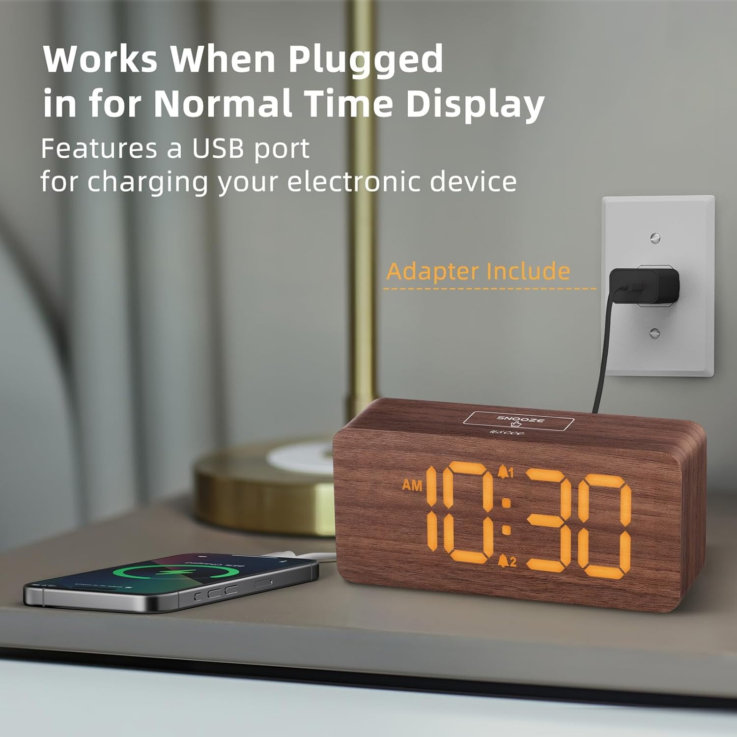 Wooden Digital Alarm Clocks for Bedrooms: Dimmable Dual Clock with Large Numbers Bedside Desk - Loud Heavy Sleepers Volume Control Wood Decor & Gifts