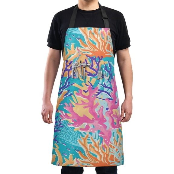 Tropical Coral Reef Kitchen Apron with 2 Pockets Adjustable waterproof Cooking Aprons for Women Men Chef
