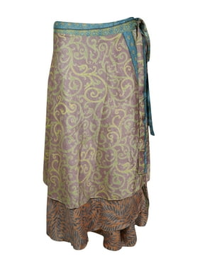 Mogul Women Purple Magic Wrap Skirt 2 Layer Printed Indian Vintage Sari Reversible Beach Wear Wrap Around Skirts