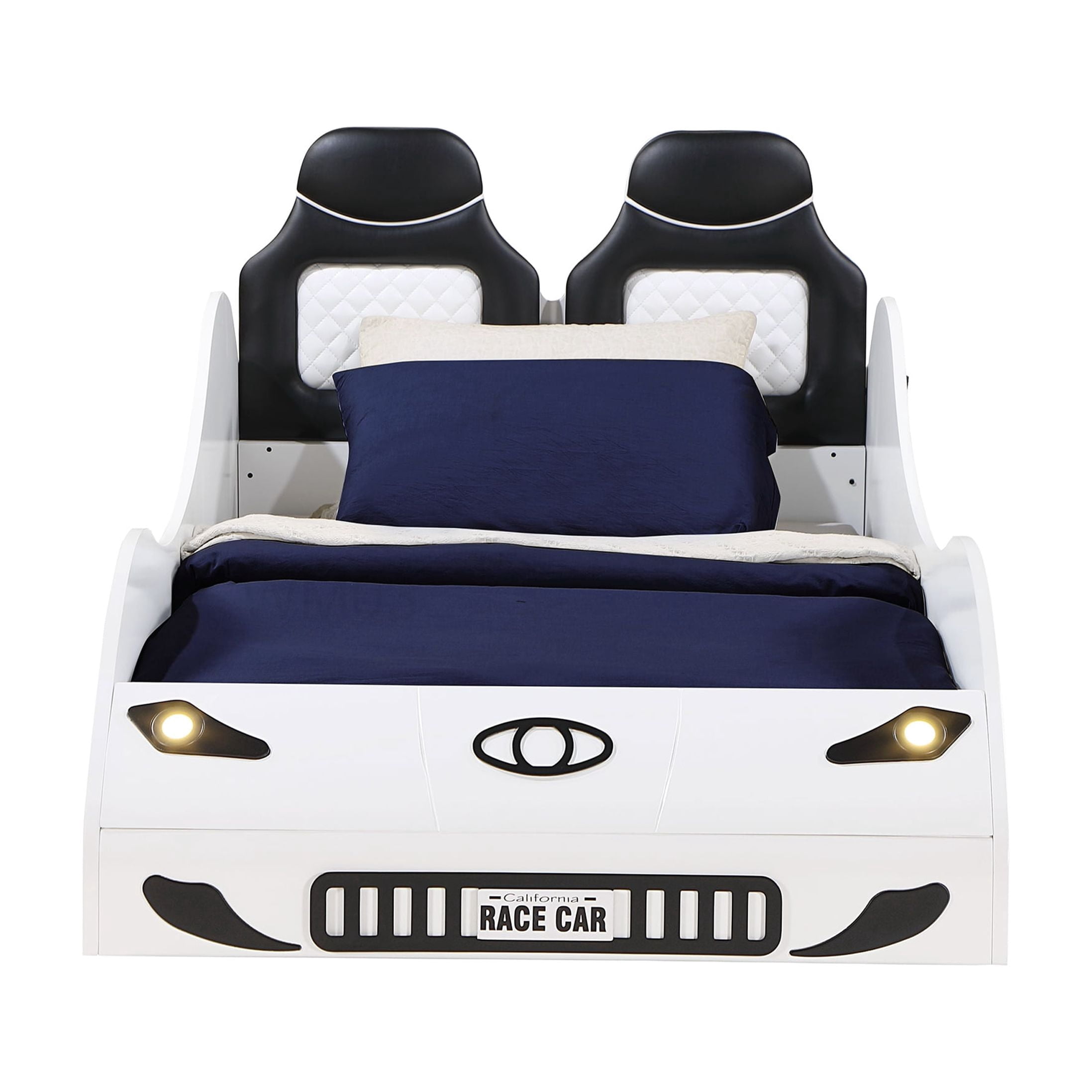 Twin Size Low Profile Platform Car Bed with LED Lights and PU Leather Upholstery, White