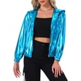 thumbnail image 1 of CHAQUETA METÁLICA BRILLANTE CON CAPUCHA Y CREMALLERA PARA MUJERES INSPIRADA EN CHIC, MANGA LARGA, TAMAÑO XS, AZUL LAGO, 1 of 5