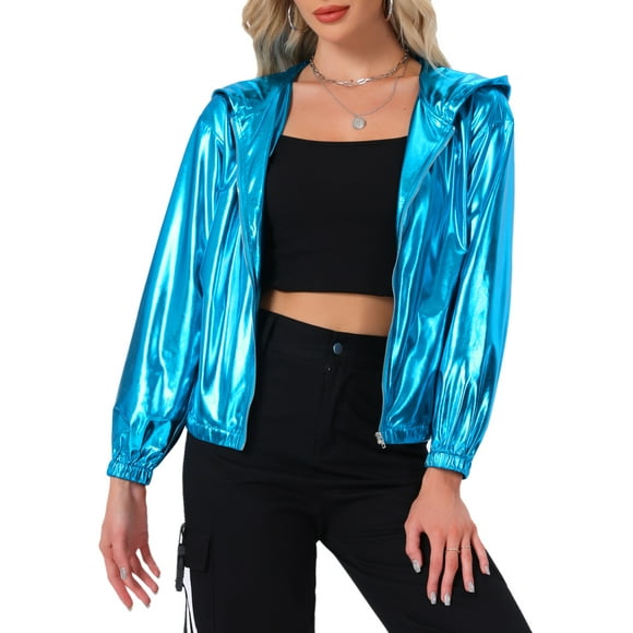 Chaqueta metálica brillante con capucha holográfica de manga larga y cremallera para mujer Allegra K en azul lago