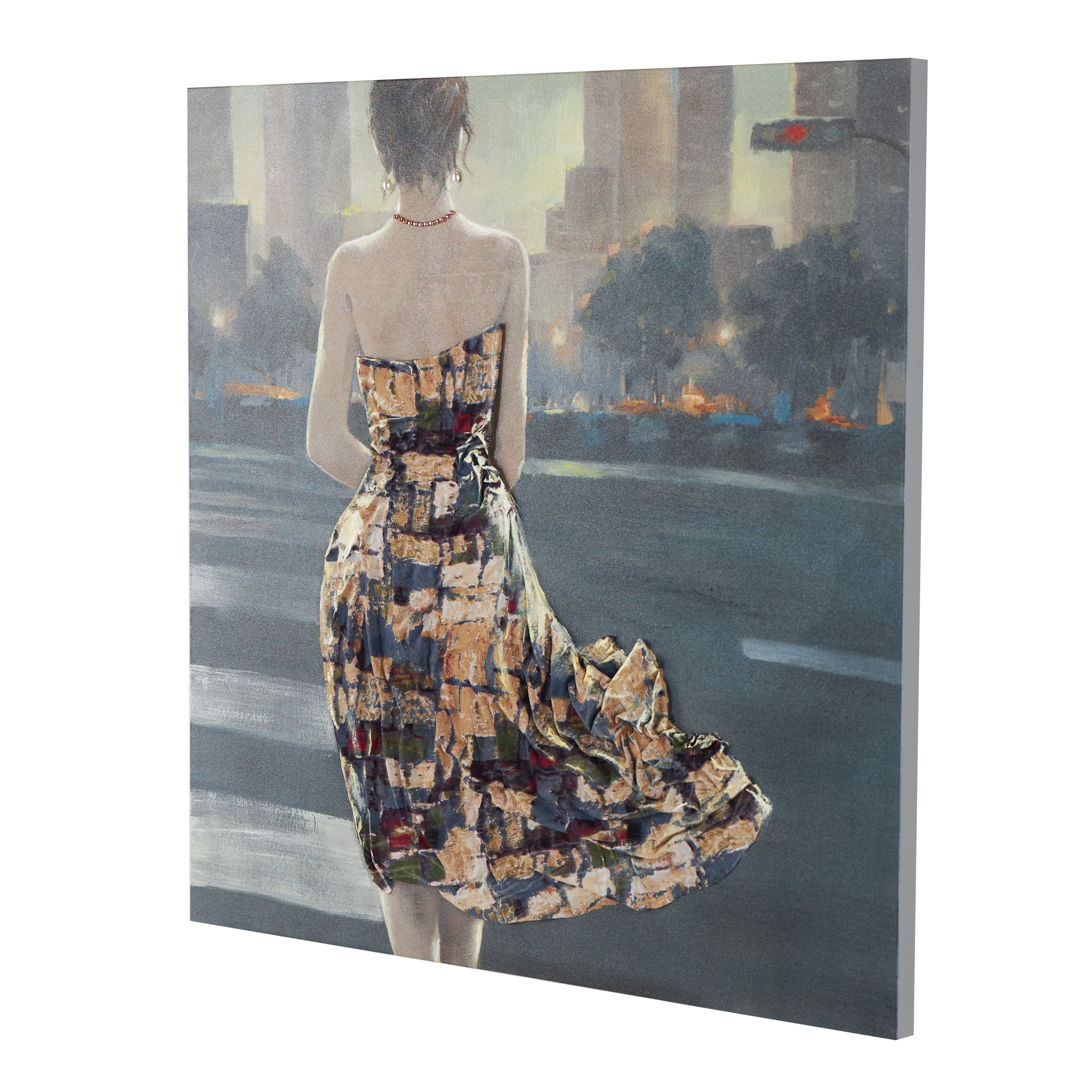 40" x 40" Unframed Woman Wall Art with 3D Multicolor Fabric Dress and Pink Necklace, by DecMode