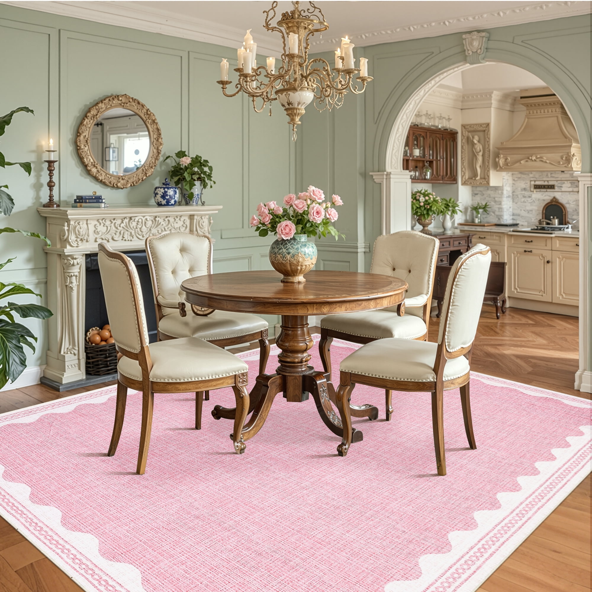 GlowSol 9'x12' Scalloped Pattern Area Rugs for Living Room Solid Washable Non Slip Low Pile Accent Rug for Bedroom, Pink