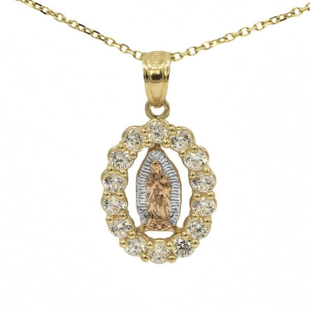 - 14k Tri Color Oval Cubic Zirconia Virgin Mary Guadalupe Religious Pendant Necklace with 20