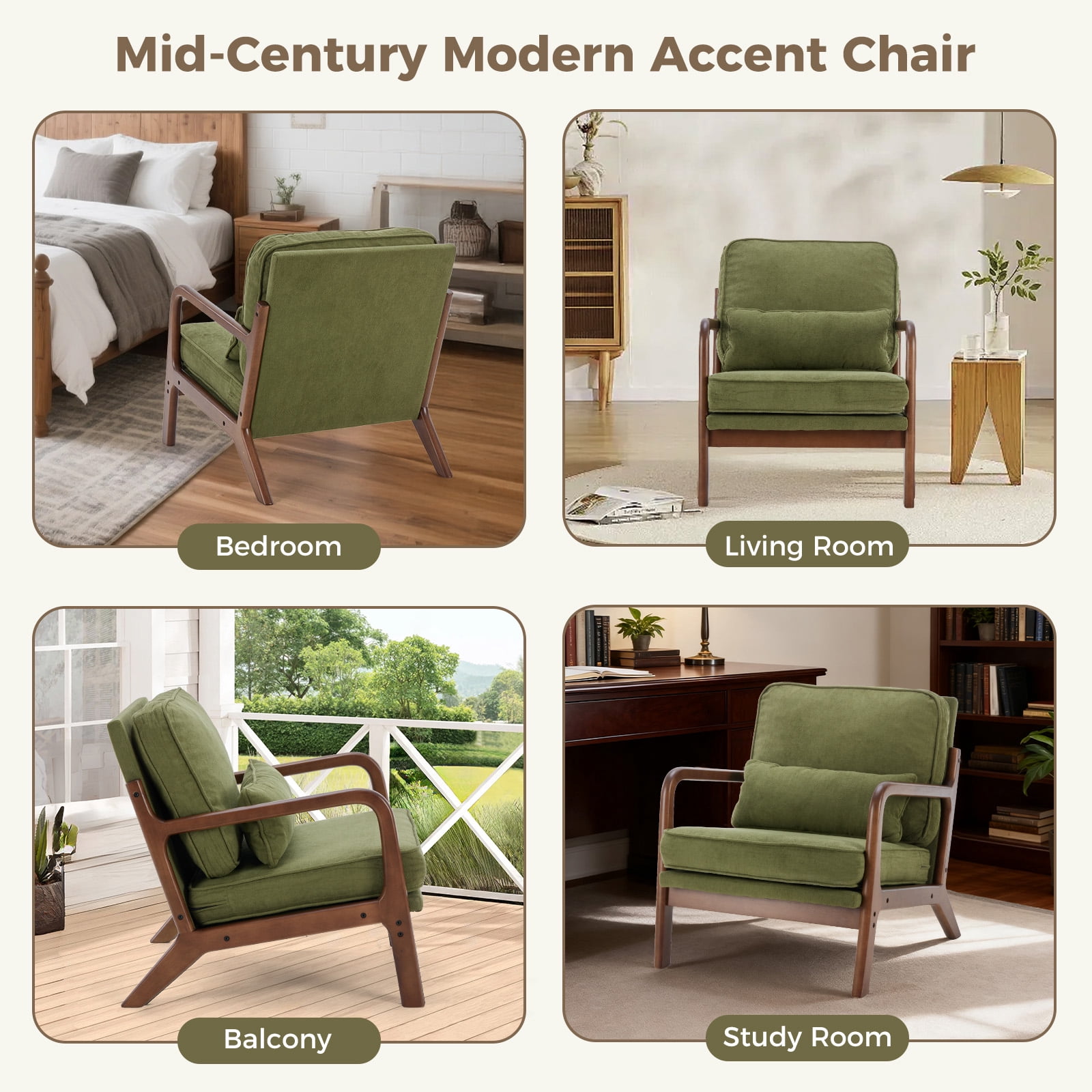 Mid-Century Modern Accent Chair with Arms and Waist Cushion, Solid Wooden Frame