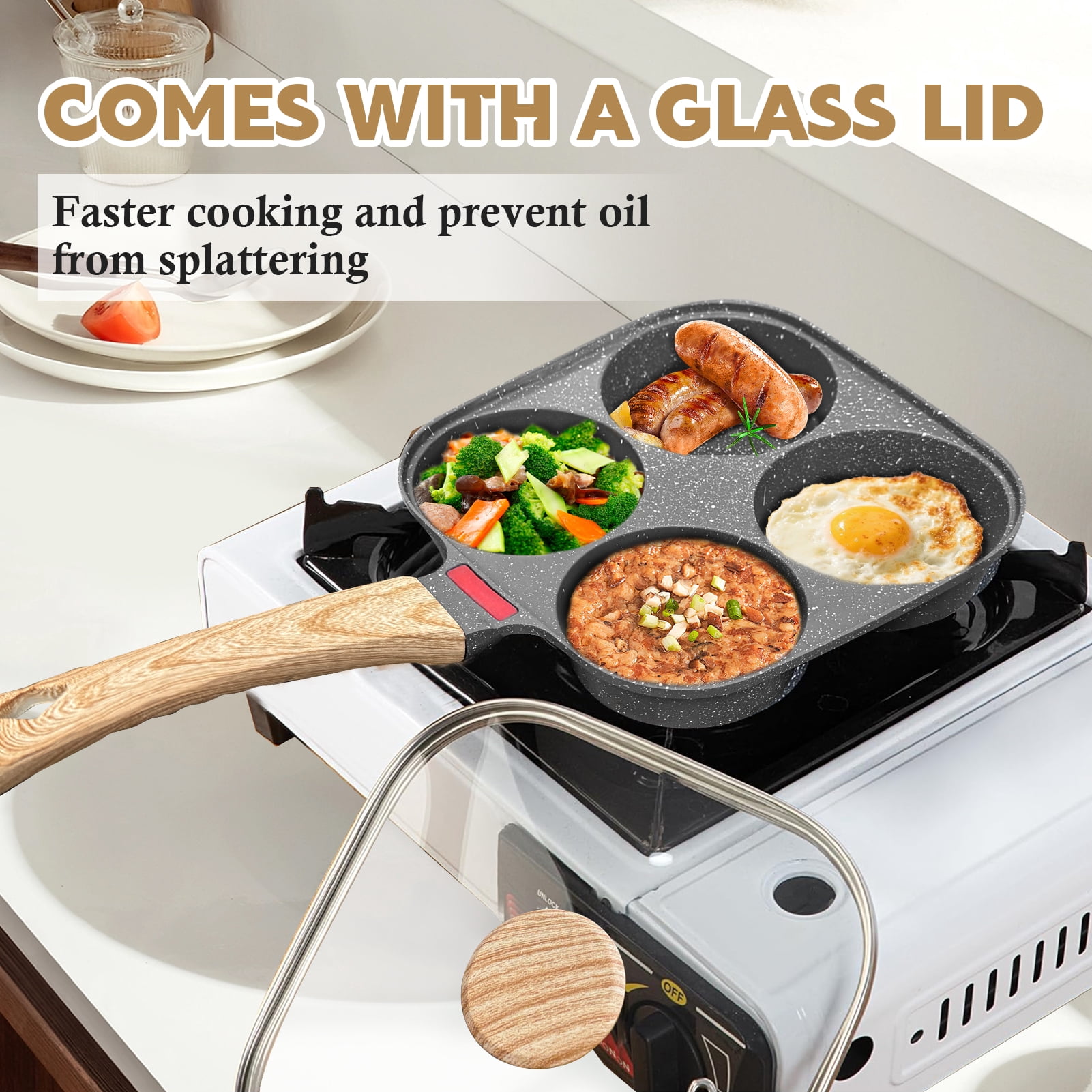 Godance 4-Cup Egg Pan Nonstick, 7.49" Frying Pan with Lid, Healthy Maifanite Stone Pan for Breakfast, Pancake, Hamburger, Burger, Sandwiches, Suitable for Gas Stove & Induction Cookware