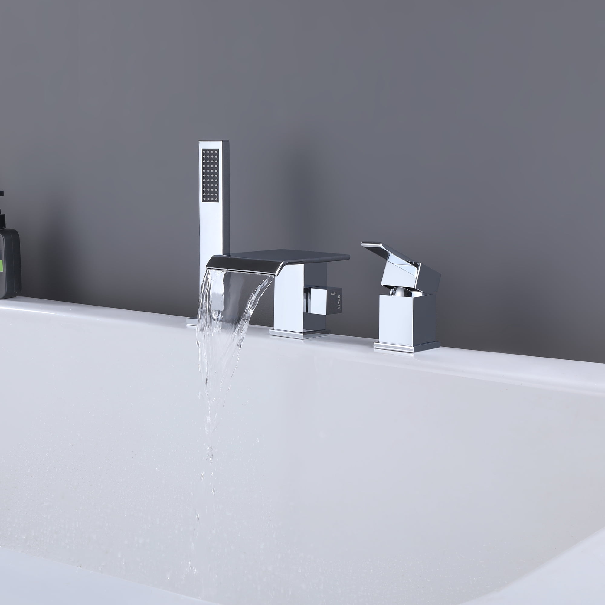 Three Holes Deck Mounted Roman Bathtub Faucet with Hand Shower, Widespread Waterfall Tub Filler
