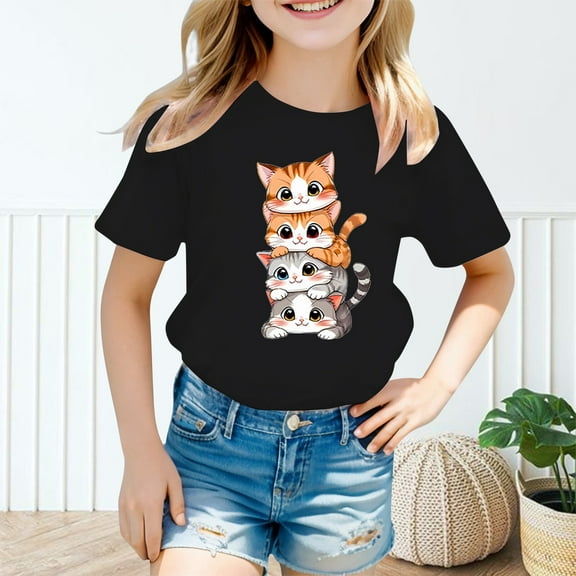 Girls' Tops Kids Cute Graphic Round Neck Short Sleeve Tee Girls Clothes Black 3-4 Years