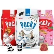 Pocky Sticks Japanese Snacks Variety Pack of 3 - Poky Stix Strawberry, Chocolate, Cookies, and Cream Asian Candy w/ 2 Grateful Grocer Panda Stickers and Wooden Stamp