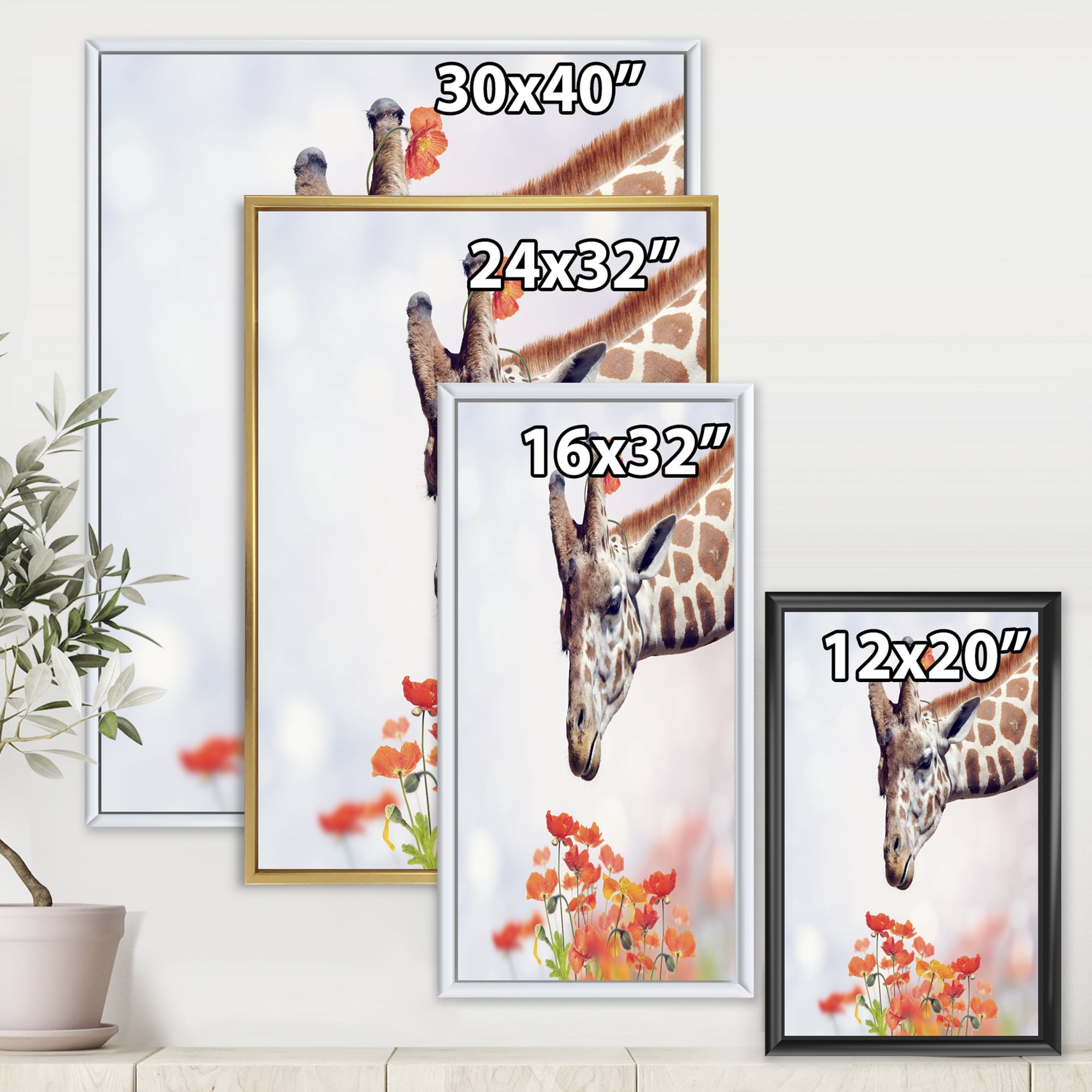 Designart 'Portrait of A Giraffe With Orange Flowers' Farmhouse Framed Canvas Wall Art Print