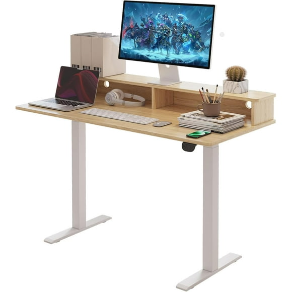 QRInnovations 2-Tier Height Adjustable 45" Electric Standing Desk - Upgraded Ultra Durable Home Office Large Rectangular Computer Table or Laptop Sit Stand Workstation - Maple