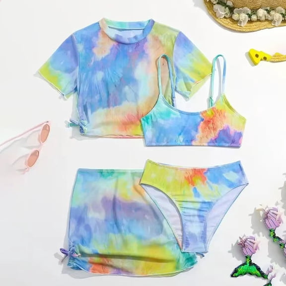 CUZIBR Baby Swimsuit Girl 4 Piece Swimsuits Tie Dye Prints Bikini Spaghetti Strap Tops Briefs Short Sleeve Cover Up Shirt Skirt Outfits Set Beach Swimwear,Blue,7-8 Years