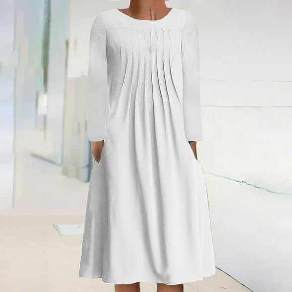 Womens Dresses Clearance Plus Size Women's Autumn And Winter Casual Round Neck Long Sleeve Folding Floral Printed Dresses White L JE
