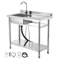 KFFKFF Stainless Steel Utility Sink, Free-Standing Single Bowl Commercial Kitchen Sink with Faucet, 39.4 x 19.7 x 37 in, Right Basin with Hot and Cold Water Connections for Garage, Restaurant