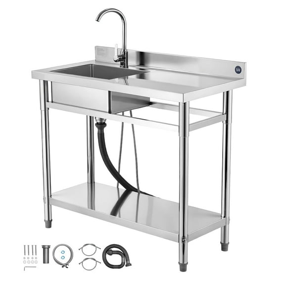 KFFKFF Stainless Steel Utility Sink, Free-Standing Single Bowl Commercial Kitchen Sink with Faucet, 39.4 x 19.7 x 37 in, Right Basin with Hot and Cold Water Connections for Garage, Restaurant