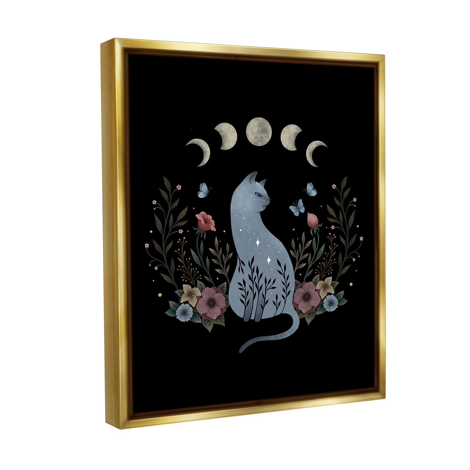 Stupell Industries Cat & Moon Phases Animals & Insects Painting Gold Floater Framed Canvas Art Print Wall Art, 17 x 21