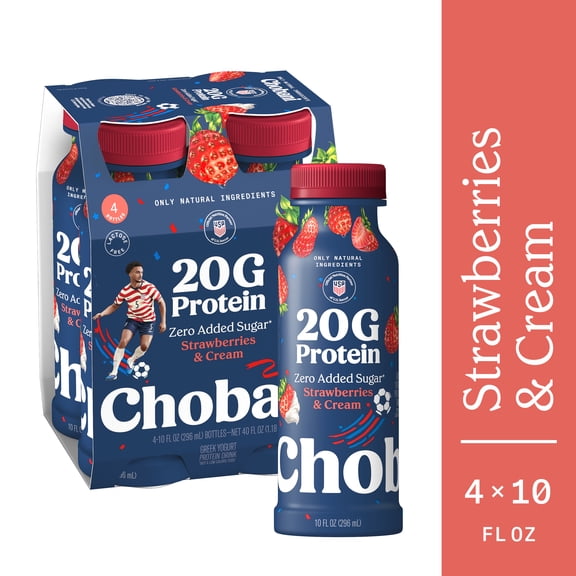 Chobani 20G Protein Low-Fat Greek Yogurt Drink, Strawberries and Cream 10 fl oz Bottle, 4 Pack