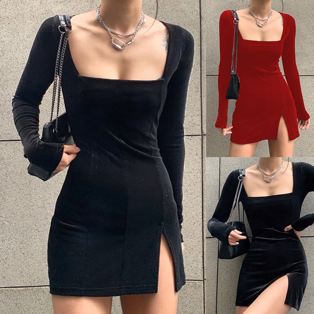 Ladies Slim Fit Casual Side Slit Long Sleeve Womens Mini Bodycon Dress Cowl Neck